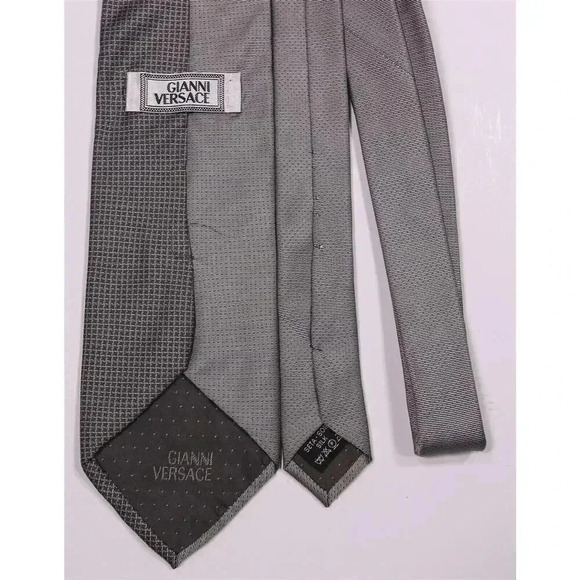 Gianni Versace Vintage 90's Gray/Black Check Geometric Print Silk Necktie Tie - Picture 5 of 9
